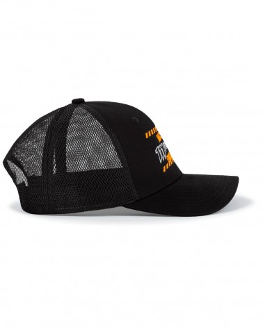 Cappello trucker con stampa arancione e bianca - lato destro