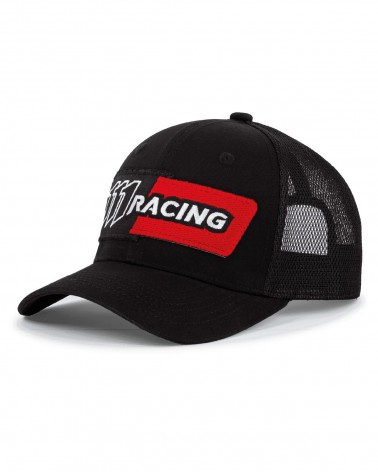 Trucker baseball cap with black and red patch - left front