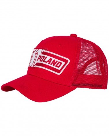 Czerwona Czapka Trucker z naszywką z logo 111-Poland - lewy bok
