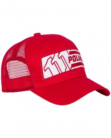 Czerwona Czapka Trucker z naszywką z logo 111-Poland - prawy bok